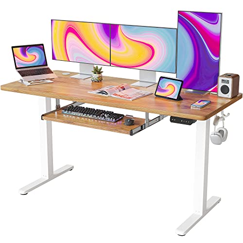 FEZIBO Electric Height Adjustable Standing Desk with Keyboard Tray, 63 × 24 Inches - Light Rustic