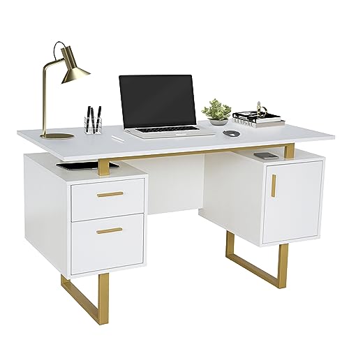 Techni Mobili Modern Office Desk with Storage Drawers and Cabinet, White/Gold