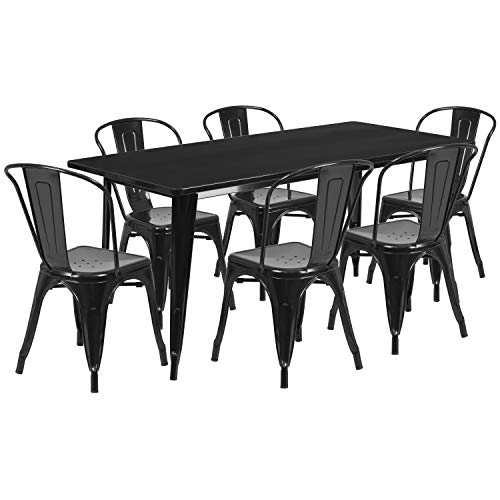 Flash Furniture Commercial Grade 7-Piece Black Metal Table Set with 6 Stack Chairs