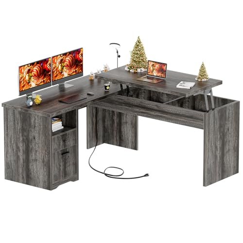 Unikito L Shaped Computer Desk with Drawer and Power Outlets, Black Oak