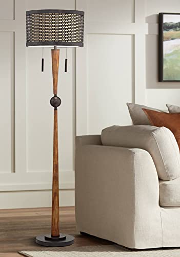 Franklin Iron Works Modern Farmhouse Floor Lamp 64" Tall Bronze Cherry Wood Double Drum Shade