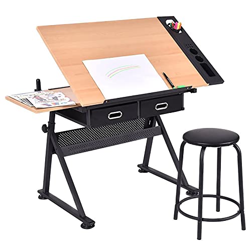 None Adjustable Drawing Table with Tiltable Tabletop and 2 Drawers/Stool