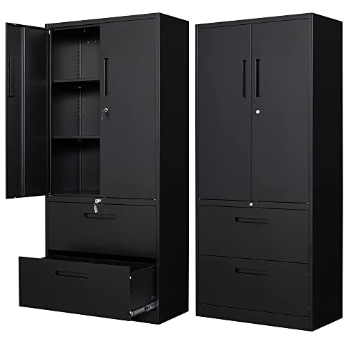 Letaya Metal File Cabinet with Lock, 2 Drawers, Adjustable Shelves - Black