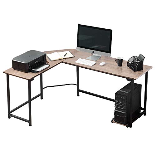 VECELO L-Shaped Computer Desk 66" with CPU Stand/PC Laptop Study Writing Table Workstation for Home Office Wood & Metal,Oak+Black Leg