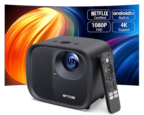 etoe 4K Android TV Projector, 1080P FHD Smart with Auto Focus, Auto Keystone, 600 ANSI Lumens, Dual 10W Speakers, Netflix-Certified, 5.1G WiFi Bluetooth - Black