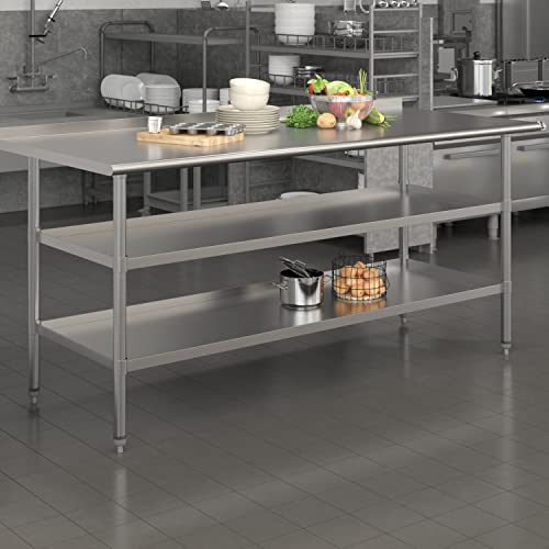 Flash Furniture Stainless Steel Work Table with Backsplash and Undershelves - 72"W x 30"D x 34.5"H, NSF