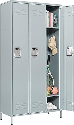 Fesbos 72" Metal Locker for Employees - 3 Door Gray Steel Storage Cabinet