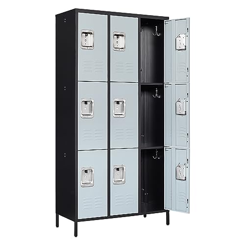 Anxxsu 9-Door Metal Storage Locker with Hooks, 71" Cabinet for Employees, Home, Office, Gym - Black Grey