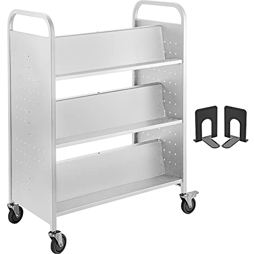 VEVOR Library Book Cart, 200lbs Capacity, Double Sided with Lockable Wheels, White