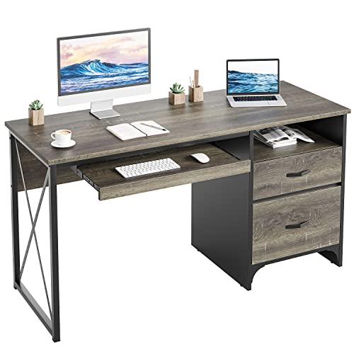 Bestier Office Desk with Drawers, 55 inch Industrial Computer Desk, Dark Gray Oak