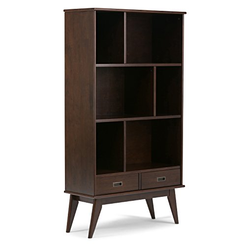 Simpli Home 3AXCDRP-13 Draper Solid Hardwood 64 inch x 35 inch Mid Century Modern Wide Bookcase and Storage Unit in Medium Auburn Brown