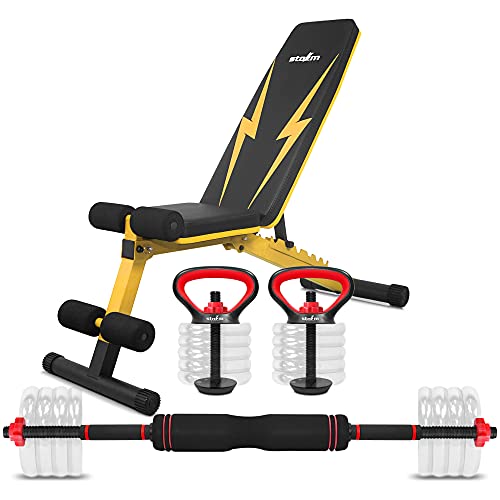 STOZM Deluxe Adjustable Strength Training Bench/Weight Bench (Amber) & Multi Purpose Weightlifting Accessories Set with Dumbbell/Kettlebell Handles & Connector (Red) (C59H)