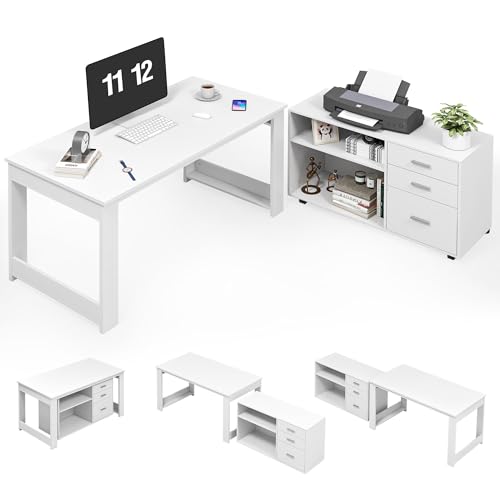 Buytime White L-Shaped Office Desk with Drawers and Shelves