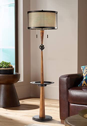 Franklin Iron Works Rustic Farmhouse Floor Lamp with Tray Table and USB Port 64.75" Tall - Painted Bronze Faux Wood Oatmeal Linen Drum Shade