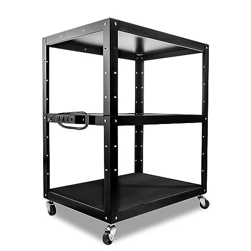 Auto Dynasty Universal Adjustable-Height AV Rolling Storage Cart with Power Strip, 3 Outlets, 35"x24-42"x25", Black