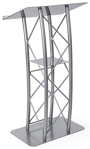 Displays2go Silver Aluminum & Steel Truss Curved Lectern with Built-in Shelf, 47" Tall