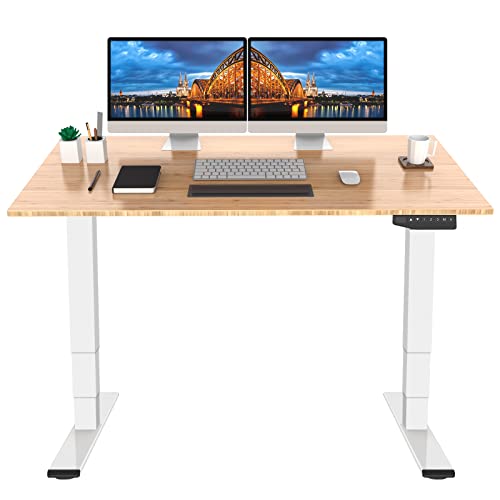 FLEXISPOT Pro Bamboo Electric Standing Desk 55x28 inch - Height Adjustable Sit Stand Up Desk - White Frame + Bamboo Desktop