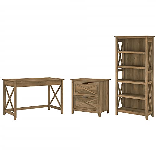 Bush Furniture Key West Writing Desk with 2 Drawer Lateral File Cabinet and 5 Shelf Bookcase, 48W, Reclaimed Pine