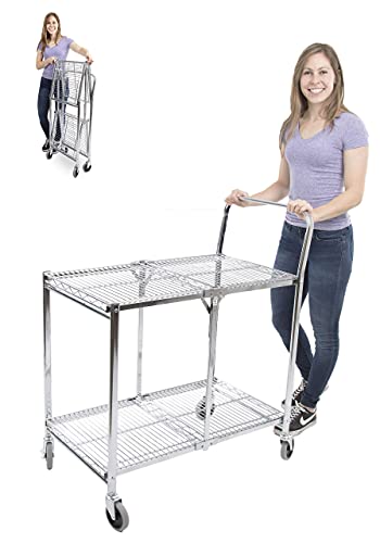 Stand Steady Tubstr Collapsible 2 Shelf Wire Cart, Heavy Duty Rolling Utility Cart, Holds 200 Pounds, Commercial Grade (Chrome, 33.75in x 19.5in x 39.5in)