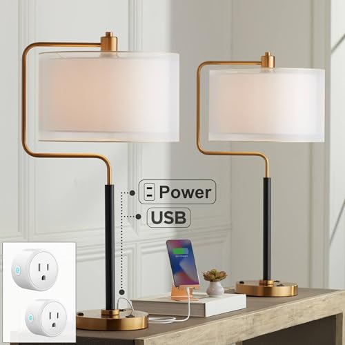 Possini Euro Design Carlyle 30 1/2" Tall Large Mid Century Modern Glam Luxe Desk Lamps Set of 2 - Black Gold Metal Shade with USB Port and Smart Socket for Home Office and Living Room Charging
