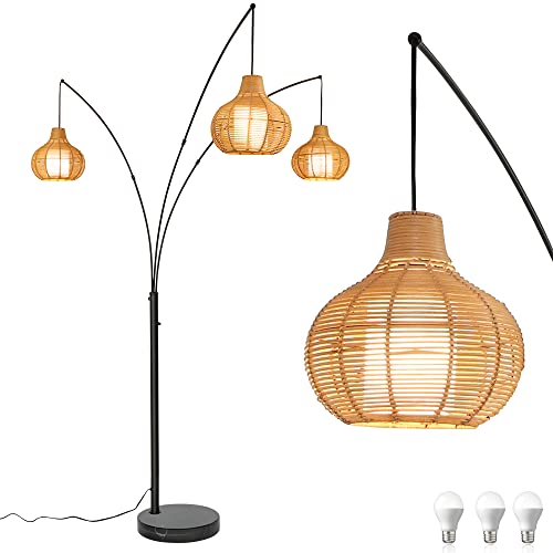 Depuley Adjustable 3-Light LED Arc Floor Lamp with Bamboo Lampshades & Marble Base