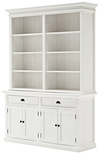 NovaSolo Halifax Pure White Mahogany Wood Hutch Bookcase With Storage And 2 Drawers