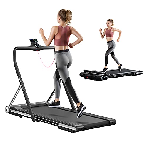 RHYTHM FUN Treadmill Folding Running Treadmill Under Desk Walking Pad Treadmill with Foldable Handtrail Wide Tread Belt Super Slim Mini Quiet Home Treadmill with Smart Remote Control and Workout App
