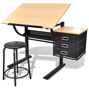 H.BETTER 3 Drawers Tiltable Tabletop Drawing Table with Stool 80 Degrees Drafting Table 47" x 23.6" x 30.5"