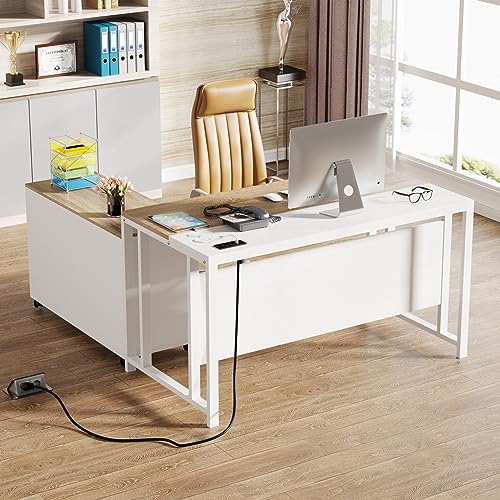 TRIBESIGNS WAY TO ORIGIN L-Shaped Computer Desk with Power Outlet and Drawer Cabinet, 55 inch Executive Office Desk with File Cabinet and Printer Stand, White