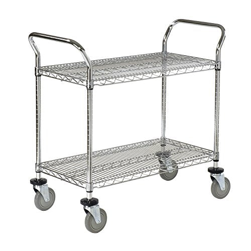 Nexel Heavy Duty 2 Tier Wire Shelf Rolling Utility Cart, 24"W x 42"L x 39"H, NSF Approved, Chrome Finish