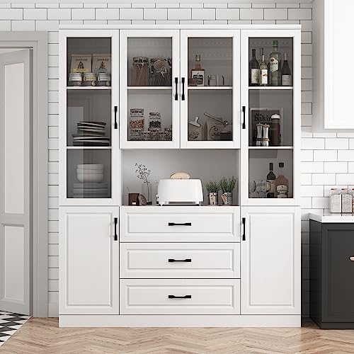 Hitow Tall Bookshelf with Glass Doors & Drawers, Large Storage Cabinet - White (63" W x 15.7" D x 78.9" H)