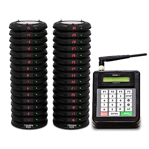 PagerTec Wireless Coaster Paging System for Restaurants, Hospitals, Offices & Hotels | 1 Transmitter, 2 Charging Bases, 30 Long Range Pagers