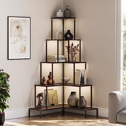 BELLEZE 5-Tier Corner Bookshelf with RGB Light, Remote Control - 66" Tall L-Shaped Bookcase - Gray