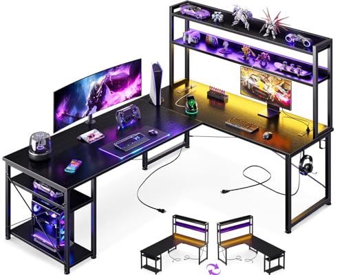 AODK L Shaped Gaming Desk with Hutch, Power Outlets, LED Strip, Monitor Stand - 66" Reversible Corner Computer Desk with Storage Shelves - Black
