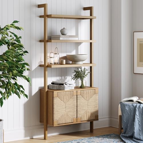 Nathan James Beacon 3-Shelf Solid Wood Bookshelf with Storage Cabinet and Seagrass Door Fronts