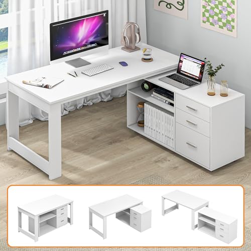 MU White L Shaped Desk with Drawers - 55 inch