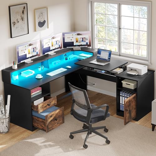 YITAHOME L Shaped Desk with Power Outlets & LED Lights, 60” Corner Computer Desk, Drawers, Lift Top, Monitor Stand, File Cabinet - Black & Brown