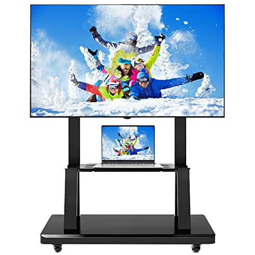 Generic Universal Rolling TV Cart Stand with Wheels & Storage, Fits 50-75 Inch TV, Black Freestanding Mobile TV Trolley