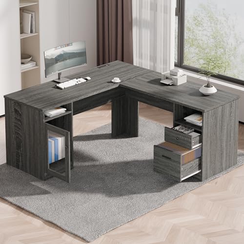IdeaKey L Shaped Desk with File Cabinet and Storage Drawers, Power Outlets, Executive Office Desk, Retro Grey, 60 Inch