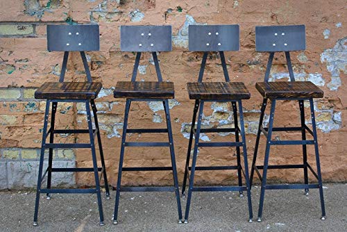 Barn XO Reclaimed Urban Bar Stools Set of 4 with Steel Backs - Modern Salvaged Barn Wood 30" H Bar Height, Scorched