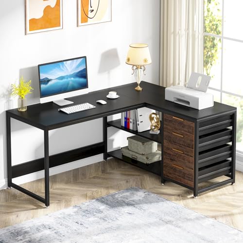 Tribesigns L-Shaped Computer Desk with Storage Drawers, Shelves - 59" Black