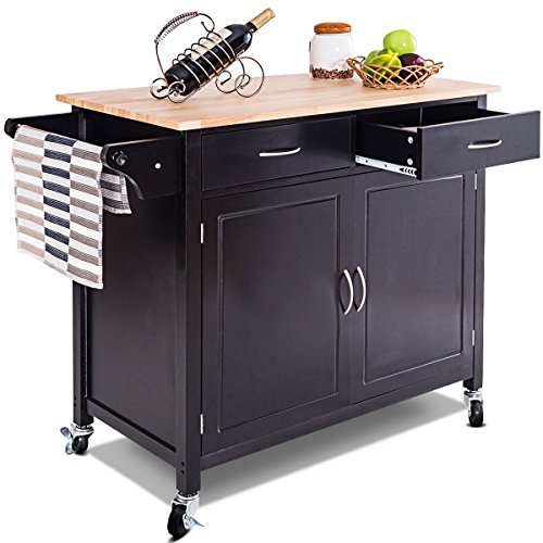 CHEFJOY Kitchen Rolling Cart w/ 2 Drawers 2-Door Cabinet Adjustable Shelf Wood Top Island Serving Utility Storage Cart w/Lockable Wheels Towel Rail Handle (Dark Brown)