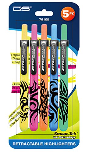 D&S Retractable Highlighter, Assorted Colors, Pack of 5 (#79100)