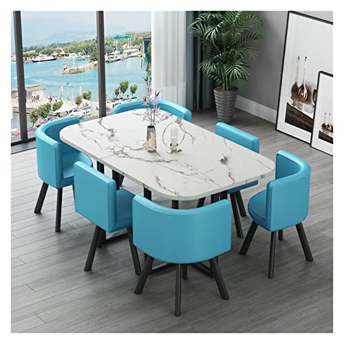 AkosOL Business Reception Conference Room Table Set with 6 Chairs (5 Ft, Yellow+White Leather/Blue)
