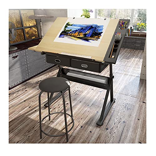 VejiA Height Adjustable Drafting Table with Tilted Tabletop and Storage Drawers