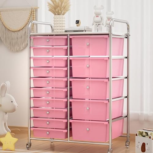 SXHEYUY Rolling Storage Cart, 15 Drawer Big Capacity Organizer Cart with Wheels, Pink, 15 Tier