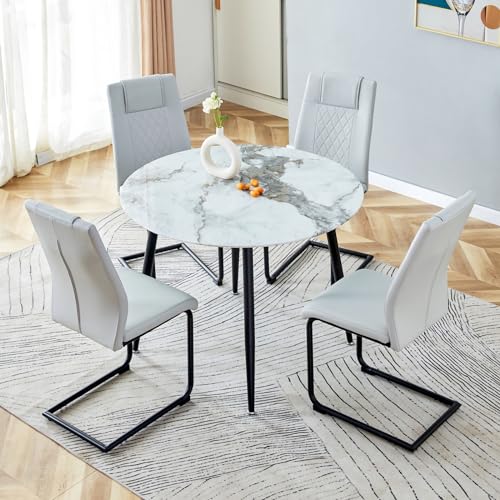 Hommoo 5-Piece Round Glass Dining Table and Chairs Set with Imitation Marble Top