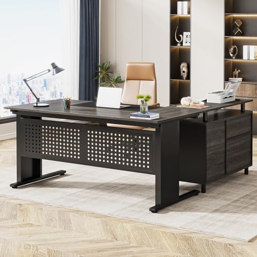 Tribesigns 63 Inch Executive Desk with File Cabinet, L Shaped Computer Desk, Gray and Black