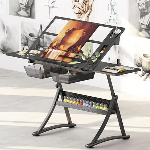 TemkIN Drafting Table for Artists with Adjustable Angle & Height, Side Shelf, 2 Storage Drawers - Ideal for Reading, Writing, Crafting