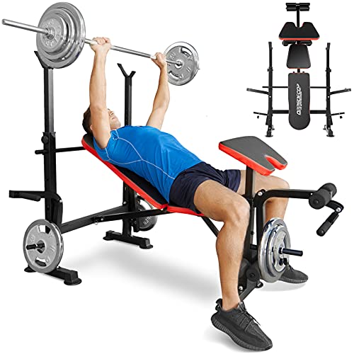 OppsDecor 330lbs Adjustable Olympic Weight Bench Press with Preacher Curl & Leg Developer Multi-Function Strength Training Exercise Equipment for Home Gym Full-Body Workout (Deepred)